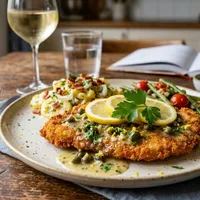 Crispy schnitzel with lemon and caper sauce