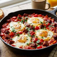Baked eggs with tomato, bell pepper and chorizo