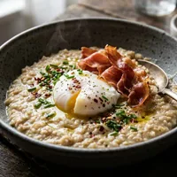Savory oatmeal with egg and Parma ham