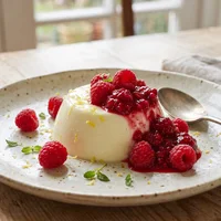Lemon-ricotta panna cotta with raspberries