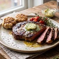 Entrecôte with herb butter and roasted garlic