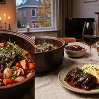 Braised beef cheeks with red wine and winter vegetables