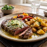Entrecôte met kruidenboter en knapperige aardappeltjes