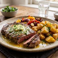 Entrecôte met kruidenboter en knapperige aardappeltjes