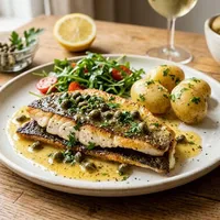 Pan-fried zander with lemon-butter and capers