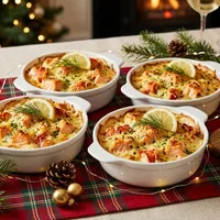 Salmon and lobster thermidor as a Christmas starter