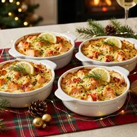 Salmon and lobster thermidor as a Christmas starter