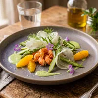 Crayfish with green asparagus, fennel and orange