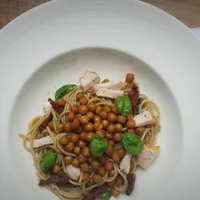 Spaghetti with Roasted Chickpeas and Pesto Dressing