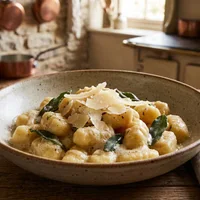 Gnocchis de pommes de terre sans gluten, sauce au beurre et à la sauge, et parmesan