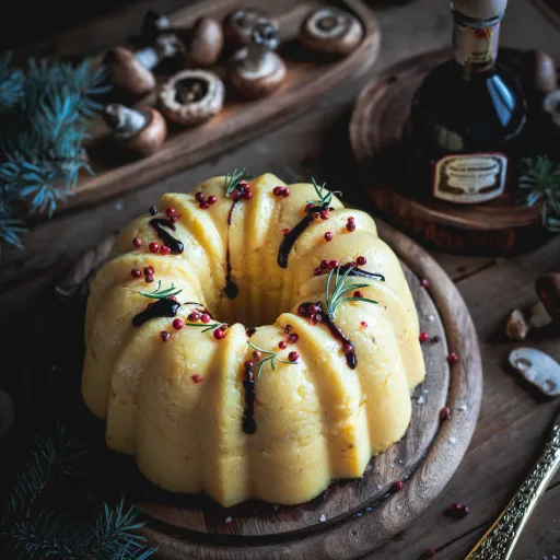 Ciambella di polenta con funghi, pancetta, provola e pepe rosa