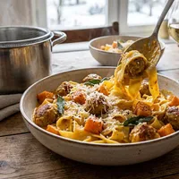 Creamy pasta with minced meatballs and pumpkin