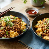 Quick spicy noodles with egg and sesame