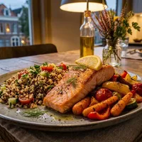 Healthy salmon with quinoa and roasted vegetables