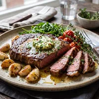 Steak with herb butter and roasted garlic