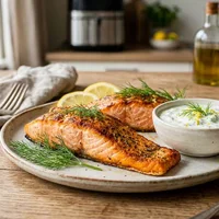 Filet de saumon croustillant à l’air fryer avec sauce au yaourt, citron et aneth