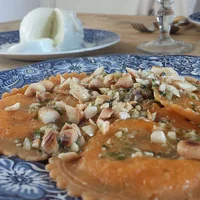 Ravioli with eggplant puree and pesto