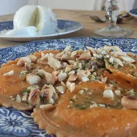 Ravioli with eggplant puree and pesto