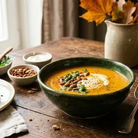 Creamy pumpkin soup with roasted seeds and crème fraîche