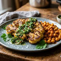 Roasted cauliflower steak with chimichurri and chickpeas