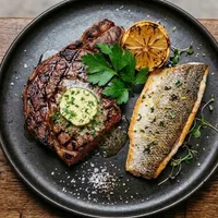Surf & Turf met gegrilde zeebaars en entrecote