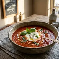 Creamy tomato soup with basil and crème fraîche