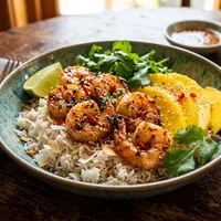 Thaise kokosrijst met garnalen en mango