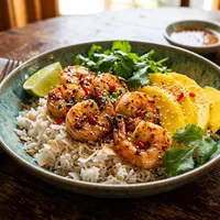 Thaise kokosrijst met garnalen en mango