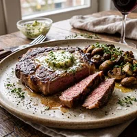 Entrecôte met kruidenboter en geroosterde knoflookchampignons