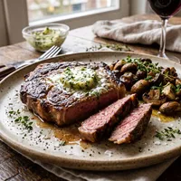 Entrecôte met kruidenboter en geroosterde knoflookchampignons