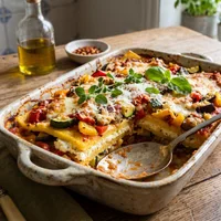 Gluten-free polenta lasagna with ricotta and roasted vegetables