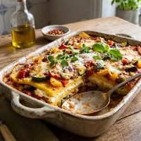 Gluten-free polenta lasagna with ricotta and roasted vegetables
