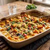 Casserole with chicken, sweet potato and coconut milk