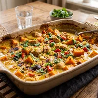 Casserole with chicken, sweet potato and coconut milk
