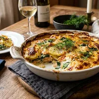 Gratin Dauphinois with smoked salmon and spinach