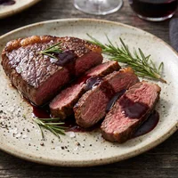 Steak with red wine sauce and rosemary