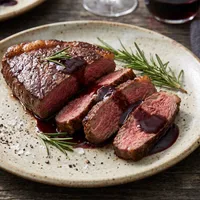 Steak with red wine sauce and rosemary