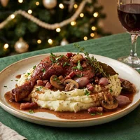 Coq au vin con purè di patate al tartufo