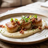 Scallops with cauliflower purée and crispy pancetta