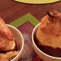Dessert: little pears in puff pastry with choco dip