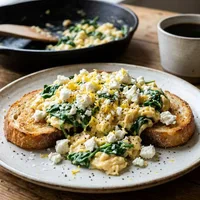 High-protein scrambled eggs with spinach and feta