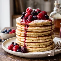 Fluffy American pancakes with mixed berry compote