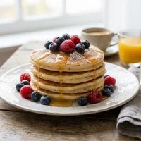 Fluffy pancakes with fresh berries and honey