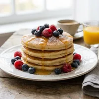 Fluffy pancakes with fresh berries and honey