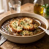 French onion soup with cheese croutons