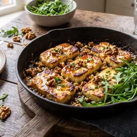 Pan-fried halloumi with honey, walnuts and arugula