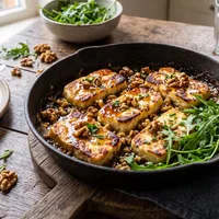 Pan-fried halloumi with honey, walnuts and arugula