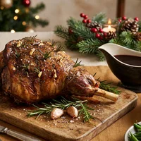 Roasted leg of lamb with rosemary, garlic and red wine jus