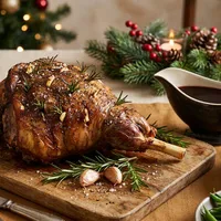 Roasted leg of lamb with rosemary, garlic and red wine jus