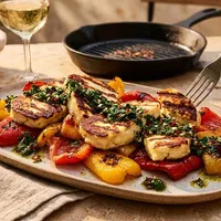 Gegrilde halloumi met geroosterde paprika en chimichurri